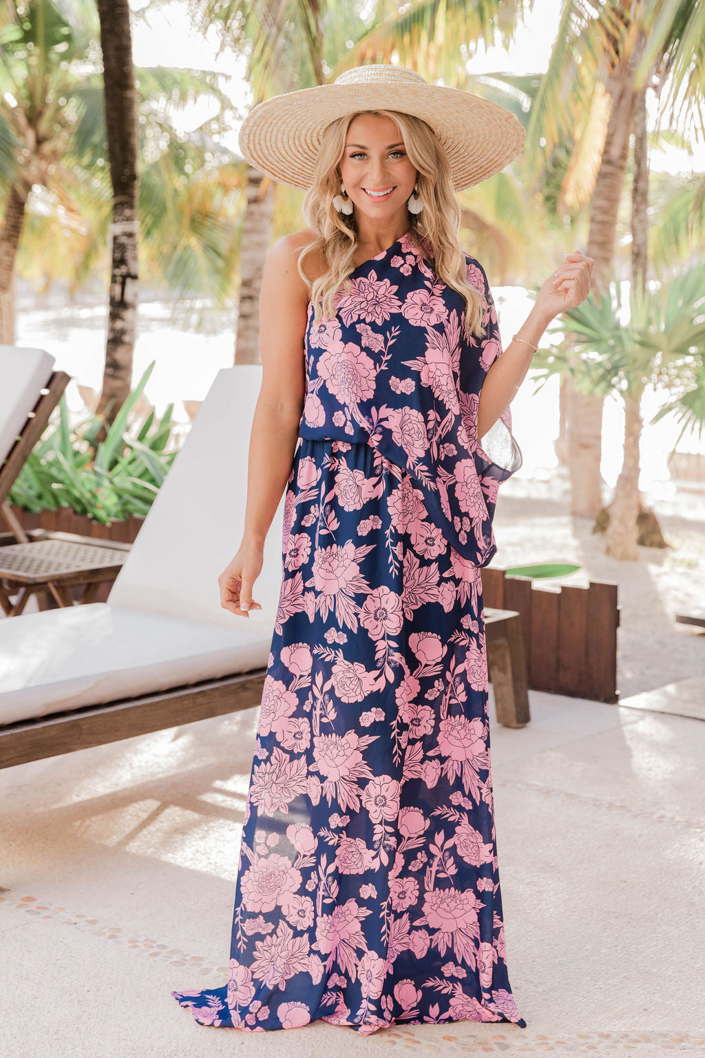 Found My Forever Navy Floral One Shoulder Maxi Dress – Pink Lily